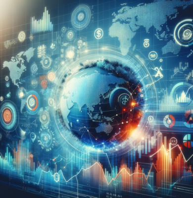 DALL·E 2023-12-24 08.19.14 - An abstract image representing the impact of global economic trends on the Indian stock market, featuring elements like global maps, economic symbols,