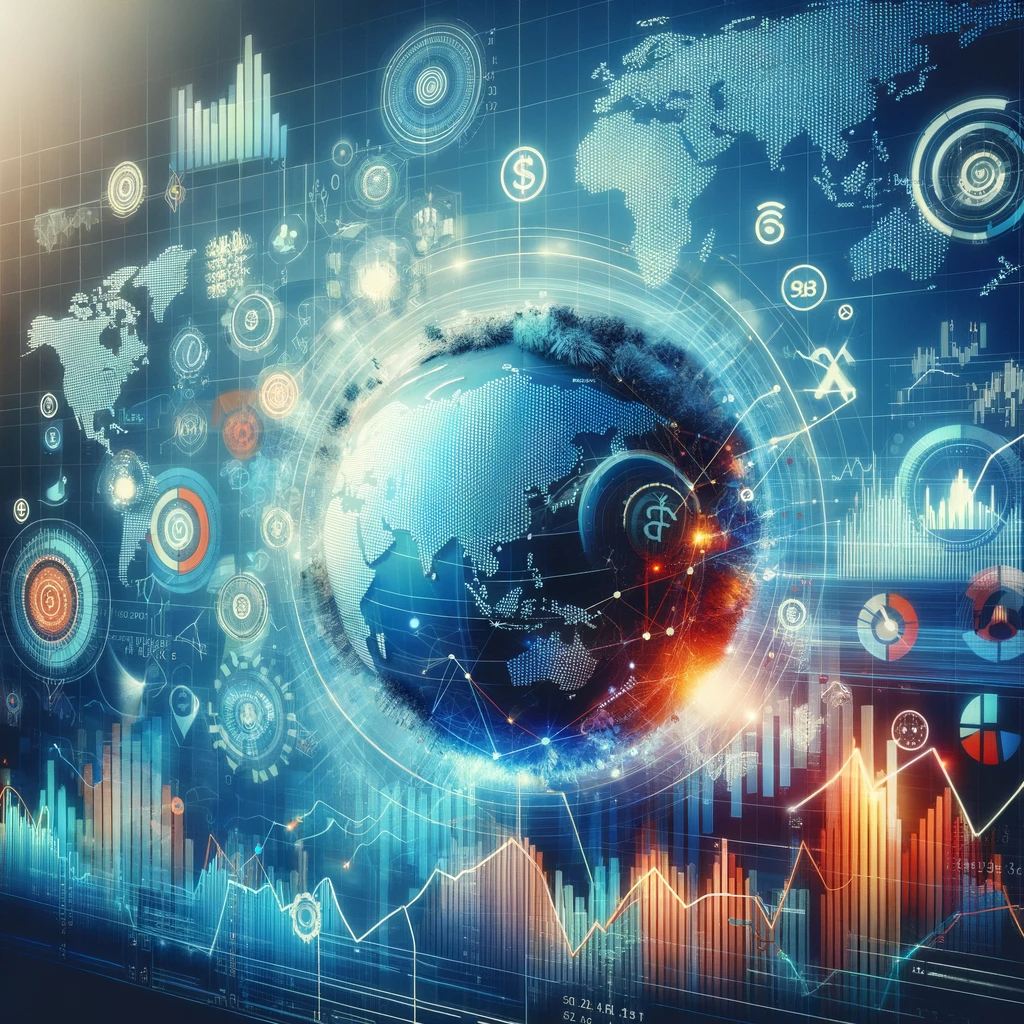 DALL·E 2023-12-24 08.19.14 - An abstract image representing the impact of global economic trends on the Indian stock market, featuring elements like global maps, economic symbols,