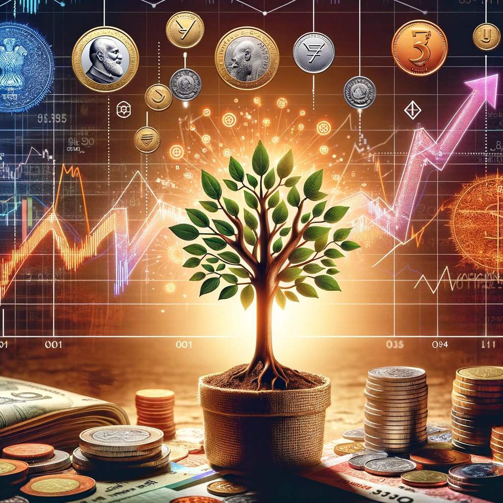 DALL·E 2023-12-24 08.20.06 - A conceptual image representing long-term wealth building strategies in India, featuring elements like a growing tree, Indian currency symbols, and st