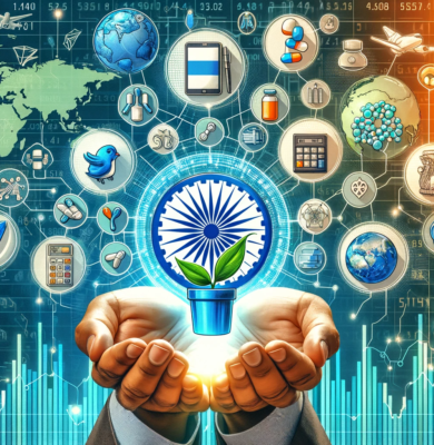 DALL·E 2023-12-24 08.21.48 - An illustrative image showcasing the promising industries in India for stock investment, featuring icons of technology, pharmaceuticals, and renewable